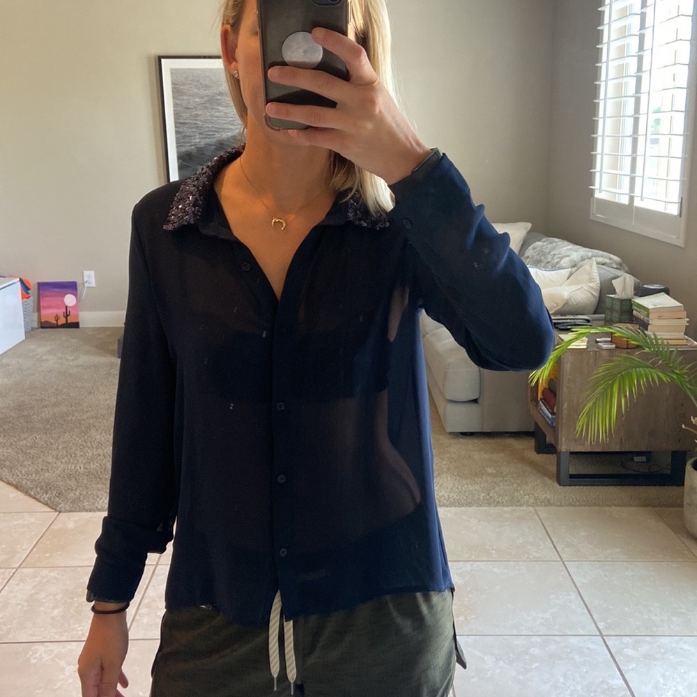 F21 button down, kind of see thru, cute for work with cami underneath!